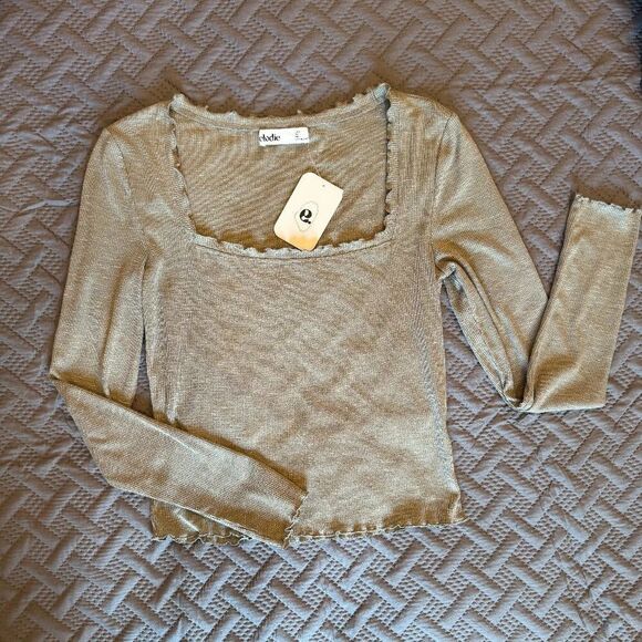 Elodie Tops - Women's Long Sleeve Ruffled Edge Top, Light Olive Green